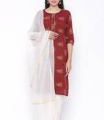 Womens Cotton Printed Straight Kurta Palazzo Dupatta Set (Maroon)