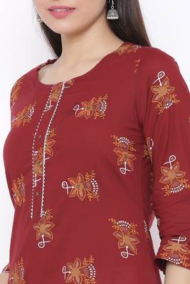 Womens Cotton Printed Straight Kurta Palazzo Dupatta Set (Maroon) 2