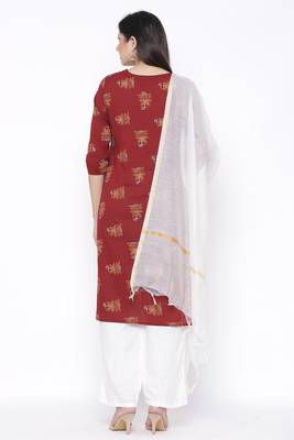 Womens Cotton Printed Straight Kurta Palazzo Dupatta Set (Maroon) 3