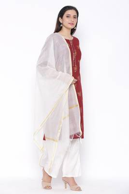 Womens Cotton Printed Straight Kurta Palazzo Dupatta Set (Maroon) 4