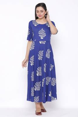 Womens Rayon Floral Print Flared Long Gown (Blue) 1