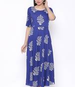 Womens Rayon Floral Print Flared Long Gown (Blue)