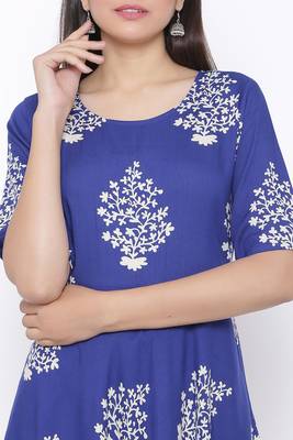 Womens Rayon Floral Print Flared Long Gown (Blue) 2