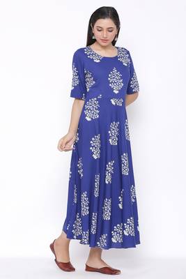 Womens Rayon Floral Print Flared Long Gown (Blue) 3