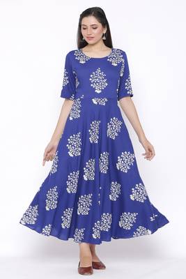 Womens Rayon Floral Print Flared Long Gown (Blue) 4