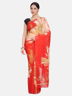 Red printed georgette saree with blouse 1