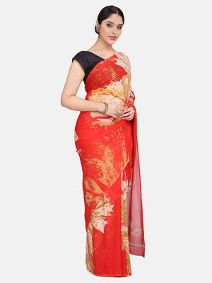 Red printed georgette saree with blouse 3