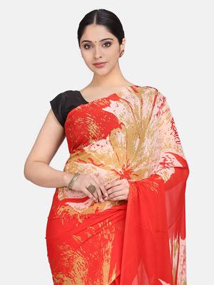 Red printed georgette saree with blouse 5