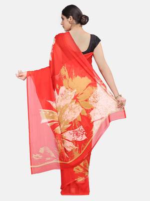 Red printed georgette saree with blouse 6