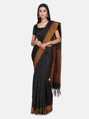 Black Woven Chanderi Saree With Blouse 3