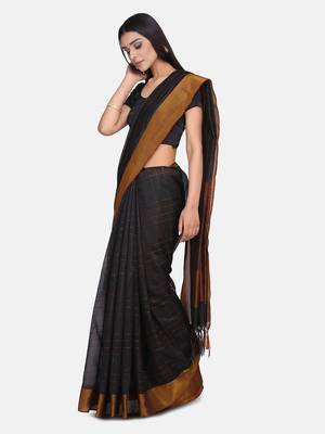 Black Woven Chanderi Saree With Blouse 4