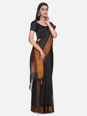 Black Woven Chanderi Saree With Blouse 1