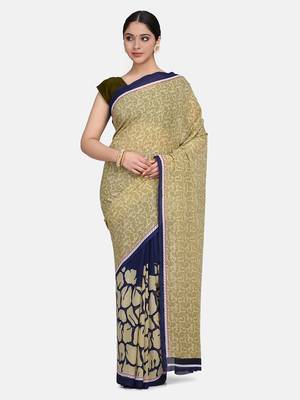 Beige printed georgette saree with blouse 3