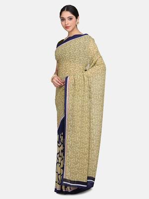 Beige printed georgette saree with blouse 1