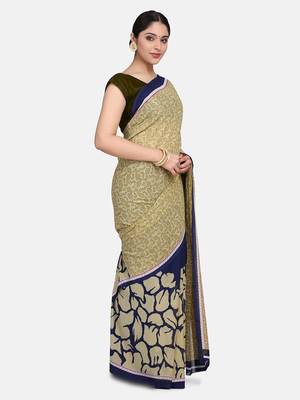 Beige printed georgette saree with blouse 4
