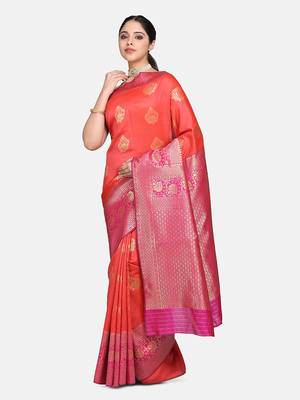 pink woven Banarasi saree with blouse 3