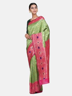 green woven banarasi saree with blouse 1
