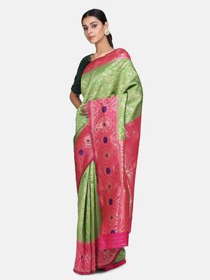 green woven banarasi saree with blouse 4