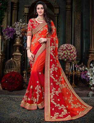 Red embroidered georgette saree with blouse 1