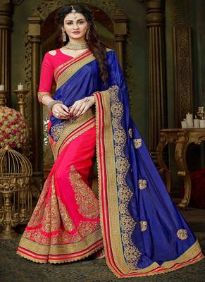 Navy blue embroidered art silk blend saree with blouse 1
