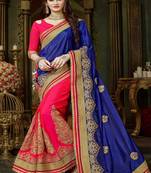 Navy blue embroidered art silk blend saree with blouse