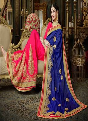 Navy blue embroidered art silk blend saree with blouse 3