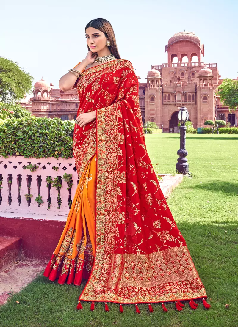 Red embroidered silk saree with blouse