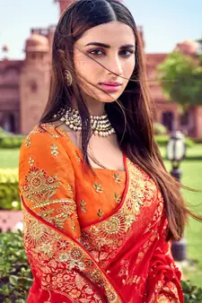 Red Embroidered Silk Blend Saree With Blouse