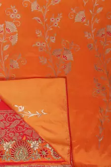 Red Embroidered Silk Blend Saree With Blouse