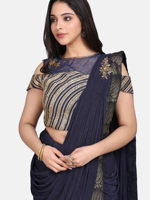 Blue embroidered lycra saree with blouse 5