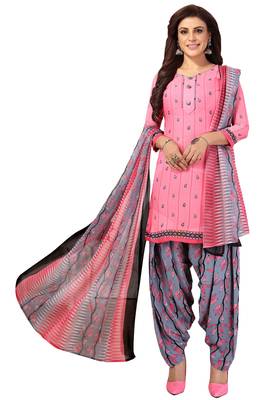 Salwar Studio Women's Pink & Grey Synthetic Printed Unstitch Dress Material with Dupatta 1
