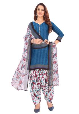 Salwar Studio Women's Blue & Pink Synthetic Printed Unstitch Dress Material with Dupatta 1