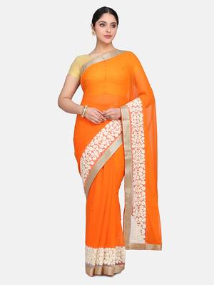 Orange embroidered chiffon saree with blouse 1