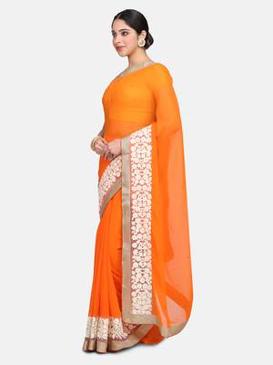 Orange embroidered chiffon saree with blouse 3