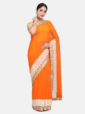 Orange embroidered chiffon saree with blouse 4