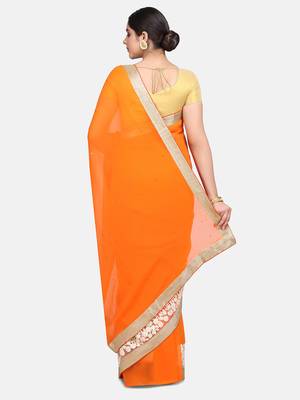 Orange embroidered chiffon saree with blouse 5