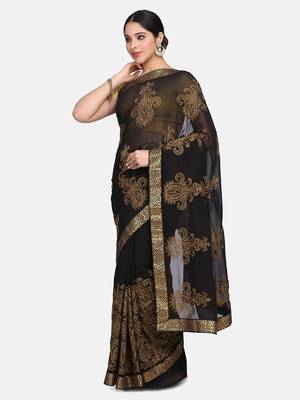 Black embroidered georgette saree with blouse 3