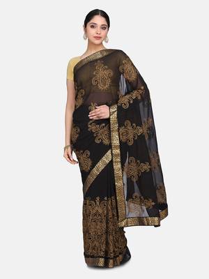 Black embroidered georgette saree with blouse 4