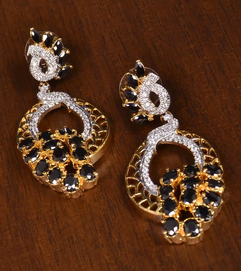 Gold Plated Black Stone Embellished American Diamond Earrings 216ED142