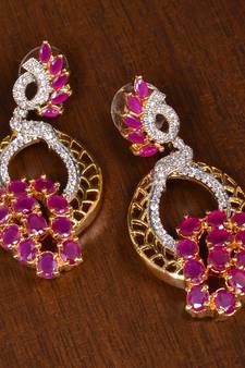 Gold Plated Ruby Stone Embellished American Diamond Earrings 216ED143