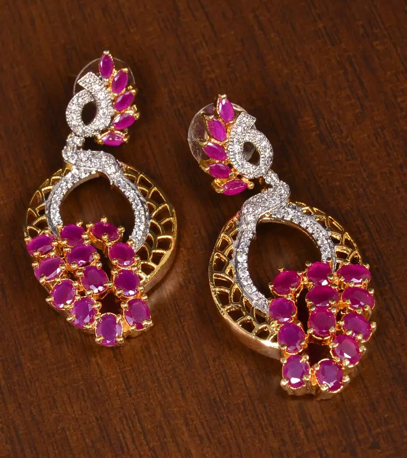 Gold Plated Ruby Stone Embellished American Diamond Earrings 216ED143