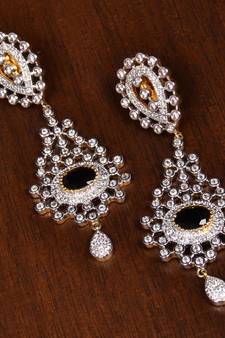 Gold Plated Black Stone Embellished American Diamond Earrings 216ED144