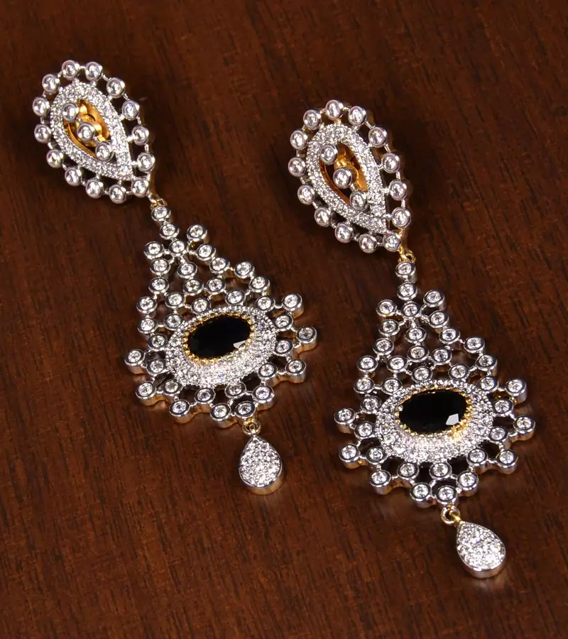 Gold Plated Black Stone Embellished American Diamond Earrings 216ED144