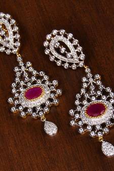 Gold Plated Ruby Stone Embellished American Diamond Earrings 216ED145