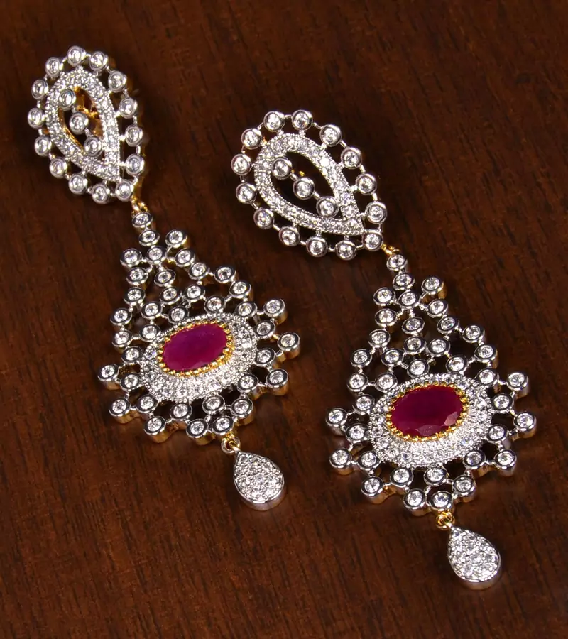 Gold Plated Ruby Stone Embellished American Diamond Earrings 216ED145