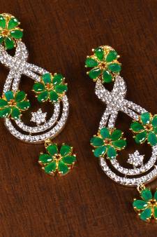 Gold Plated Emerald Stone Embellished American Diamond Earrings 216ED147