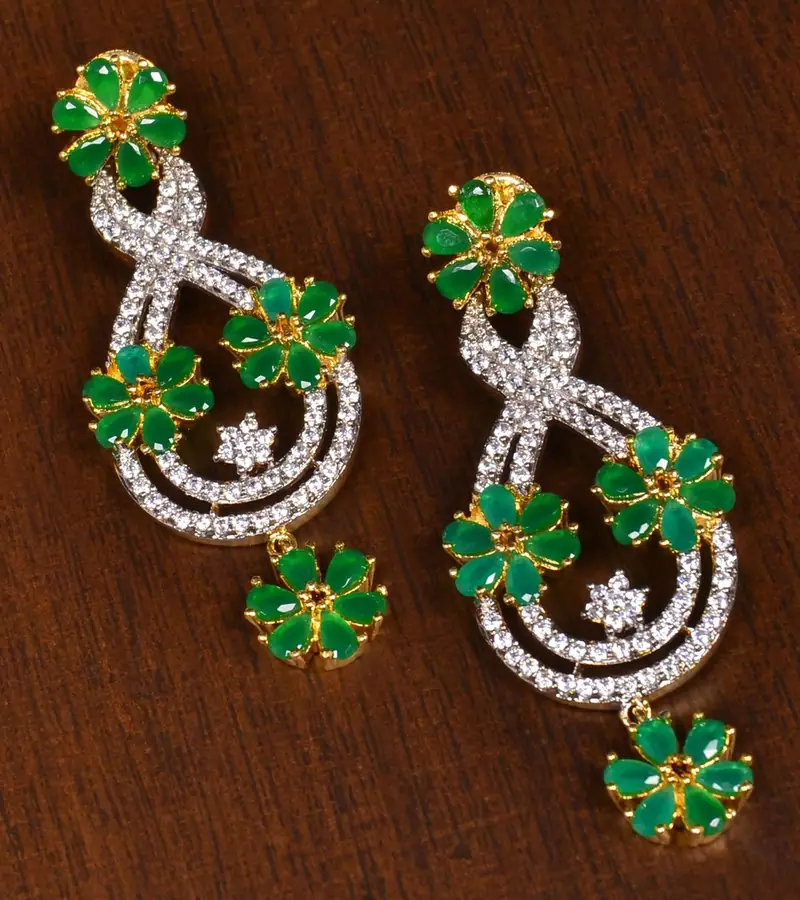 Gold Plated Emerald Stone Embellished American Diamond Earrings 216ED147