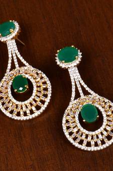 Gold Plated Emerald Stone Embellished American Diamond Earrings 216ED150