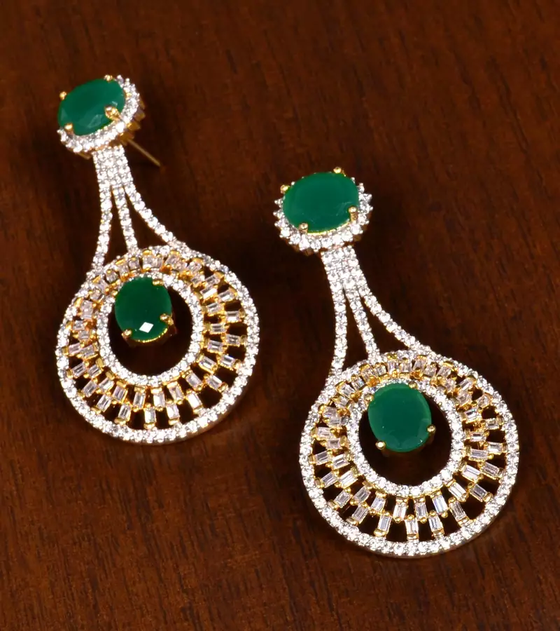 Gold Plated Emerald Stone Embellished American Diamond Earrings 216ED150