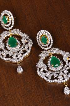 Gold Plated Emerald Stone Embellished American Diamond Earrings 216ED156